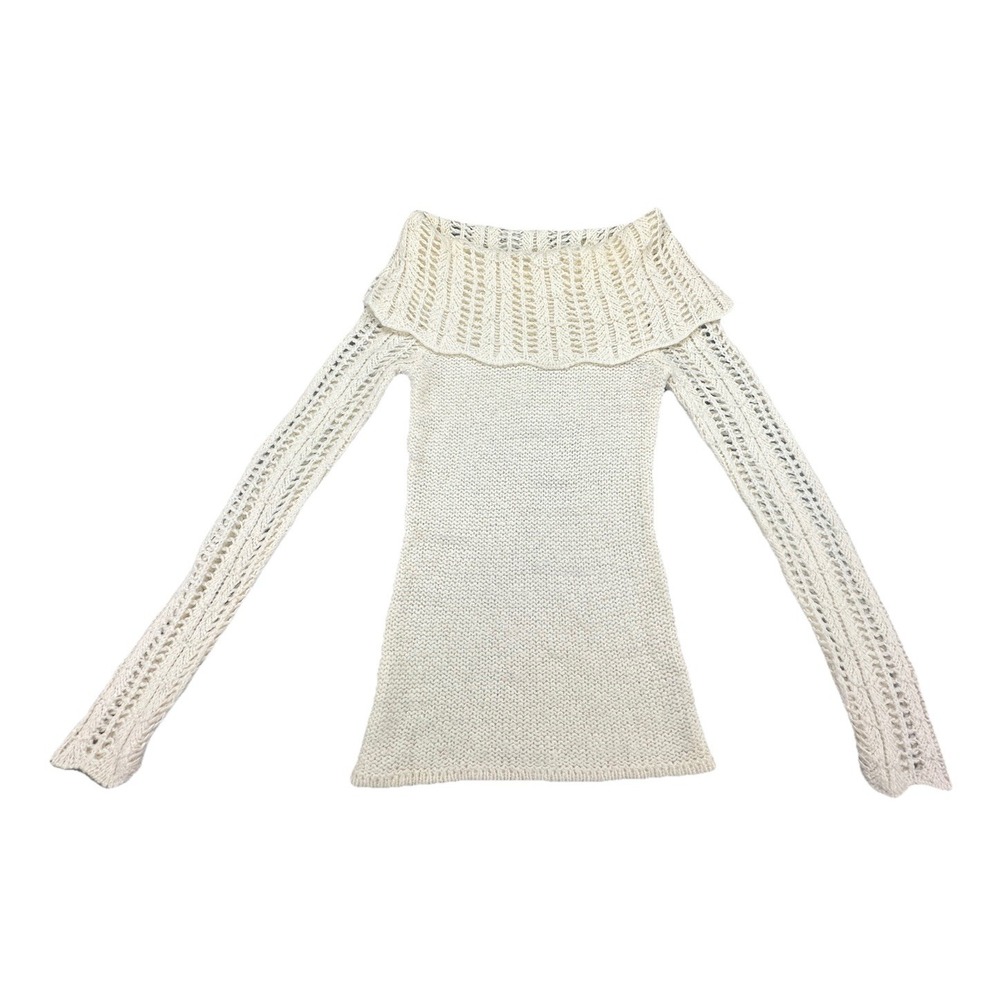 Guess Women VTG Shoulder Knit Sweater With Ruffle Collar‎ Cream Size M